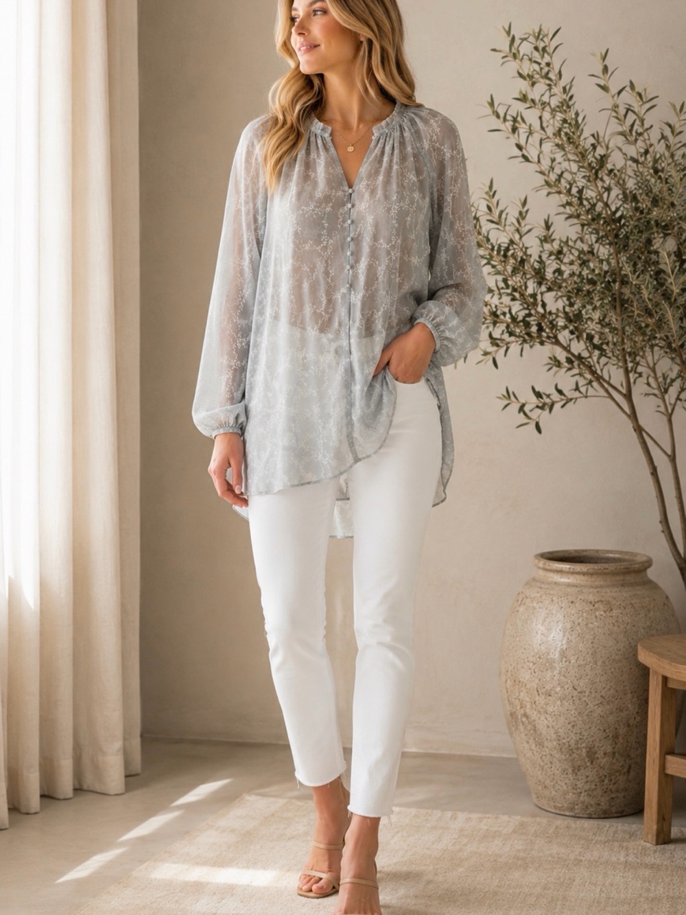 Club Monaco Sheer 100% silk Light grey Floral Button-Front Blouse